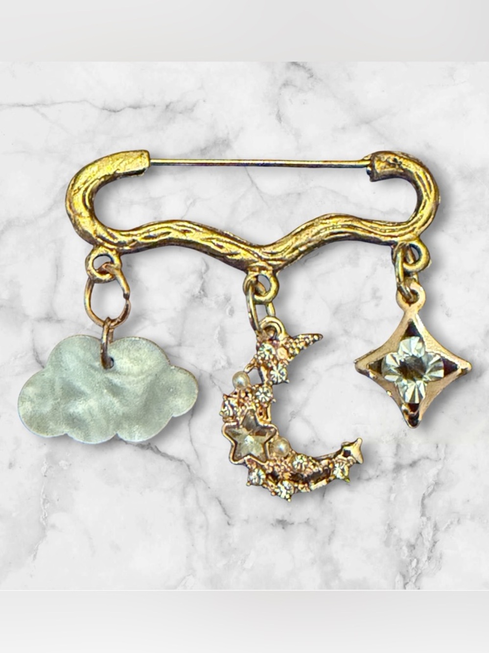 Celestial Charm Gold Safety Pin Brooch with Cloud, Moon & Star